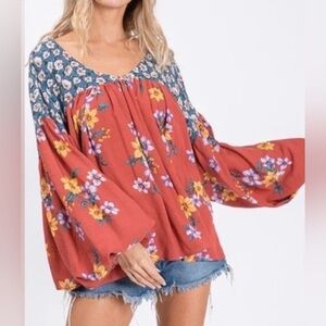 Ces Femme patchwork print floral Boho Top Medium